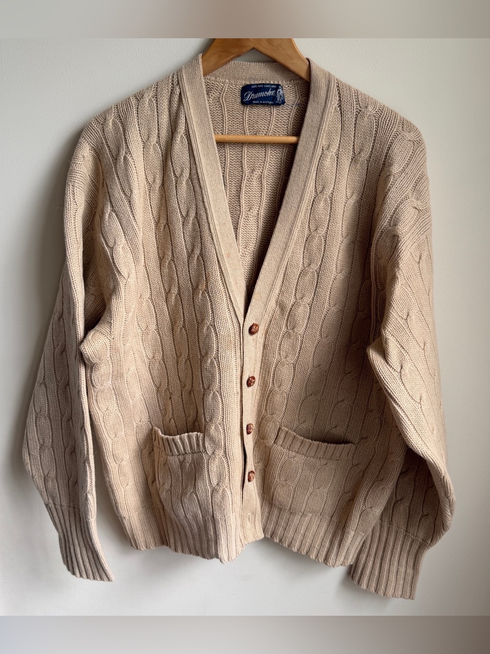 VTG Drumohr Scotland Pure Camelhair Cable Knit Knot Button Cardigan Jumper